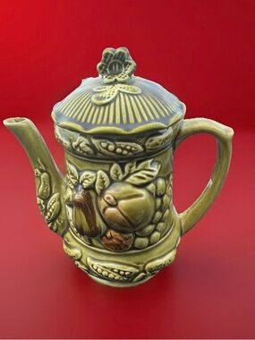 Olive Green Ceramic Pitcher with Fruit Relief - Japan